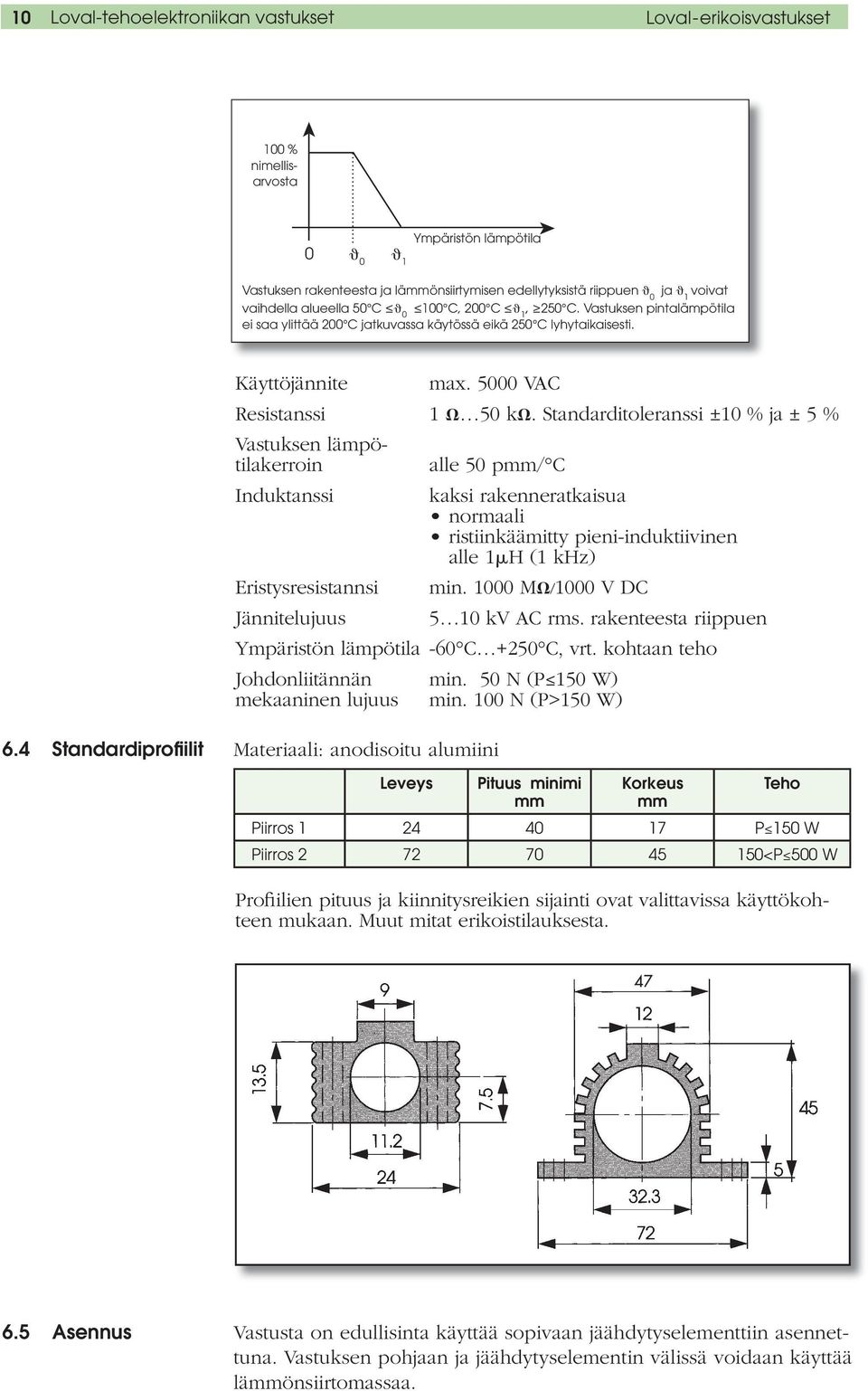 Standarditoleranssi ±10 % ja ± 5 % Vastuksen lämpötilakerroin alle 50 pmm/ C Induktanssi kaksi rakenneratkaisua normaali ristiinkäämitty pieni-induktiivinen alle 1 H (1 khz) Eristysresistannsi min.