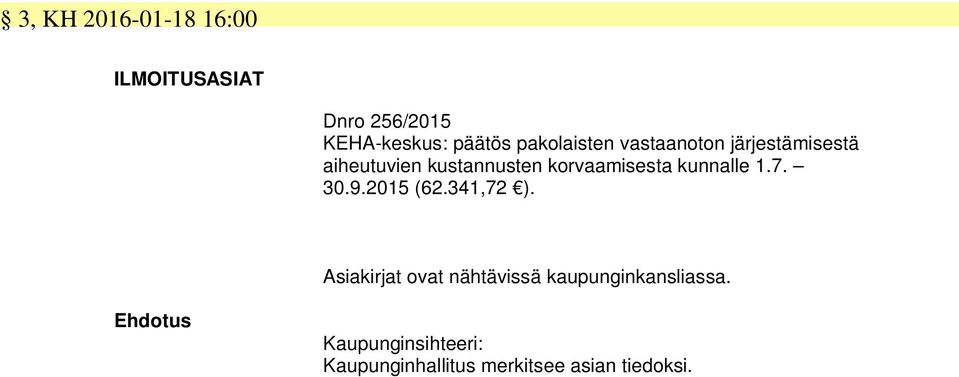 korvaamisesta kunnalle 1.7. 30.9.2015 (62.341,72 ).