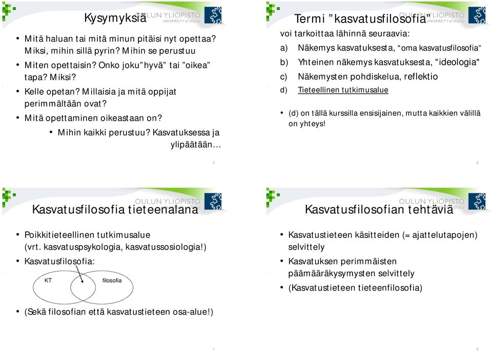 Kasvatuksessa ja ylipäätään Termi kasvatusfilosofia voi tarkoittaa lähinnä seuraavia: a) Näkemys kasvatuksesta, "oma kasvatusfilosofia b) Yhteinen näkemys kasvatuksesta, "ideologia" c) Näkemysten
