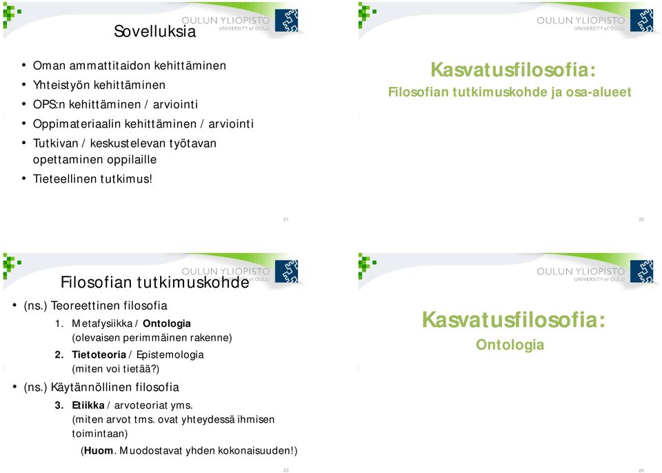 Kasvatusfilosofia: Filosofian tutkimuskohde ja osa-alueet 21 22 Filosofian tutkimuskohde (ns.) Teoreettinen filosofia 1.
