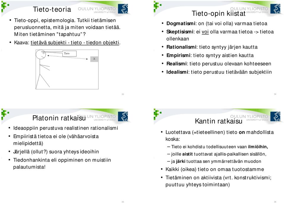kautta Realismi: tieto perustuu olevaan kohteeseen Idealismi: tieto perustuu tietävään subjektiin 33 34 Platonin ratkaisu Ideaoppiin perustuva realistinen rationalismi Empiiristä tietoa ei ole