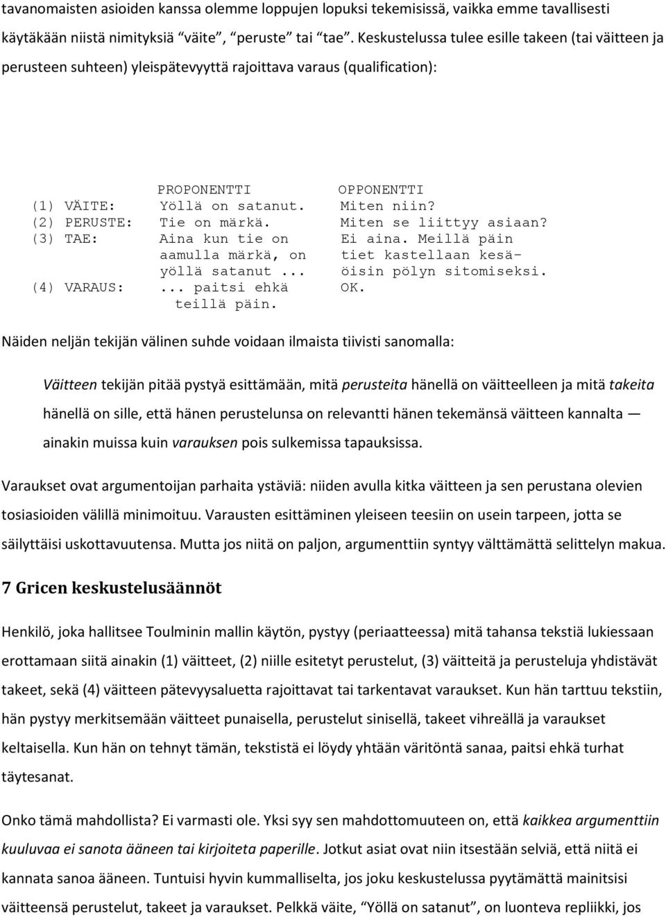 (2) PERUSTE: Tie on märkä. Miten se liittyy asiaan? (3) TAE: Aina kun tie on Ei aina. Meillä päin aamulla märkä, on tiet kastellaan kesäyöllä satanut... öisin pölyn sitomiseksi. (4) VARAUS:.