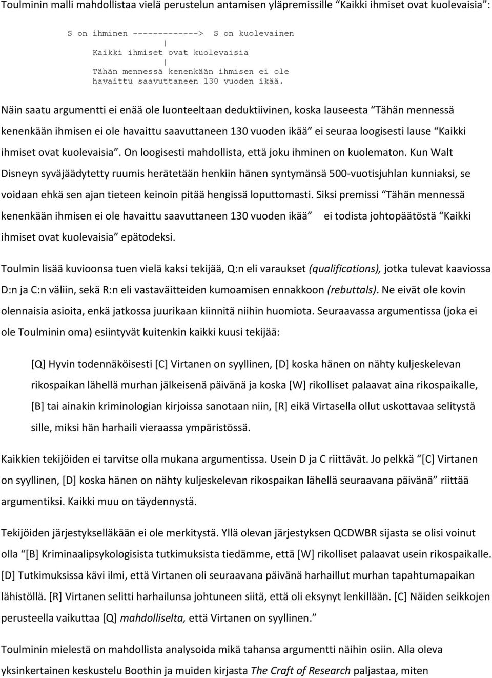 Näin saatu argumentti ei enää ole luonteeltaan deduktiivinen, koska lauseesta Tähän mennessä kenenkään ihmisen ei ole havaittu saavuttaneen 130 vuoden ikää ei seuraa loogisesti lause Kaikki ihmiset