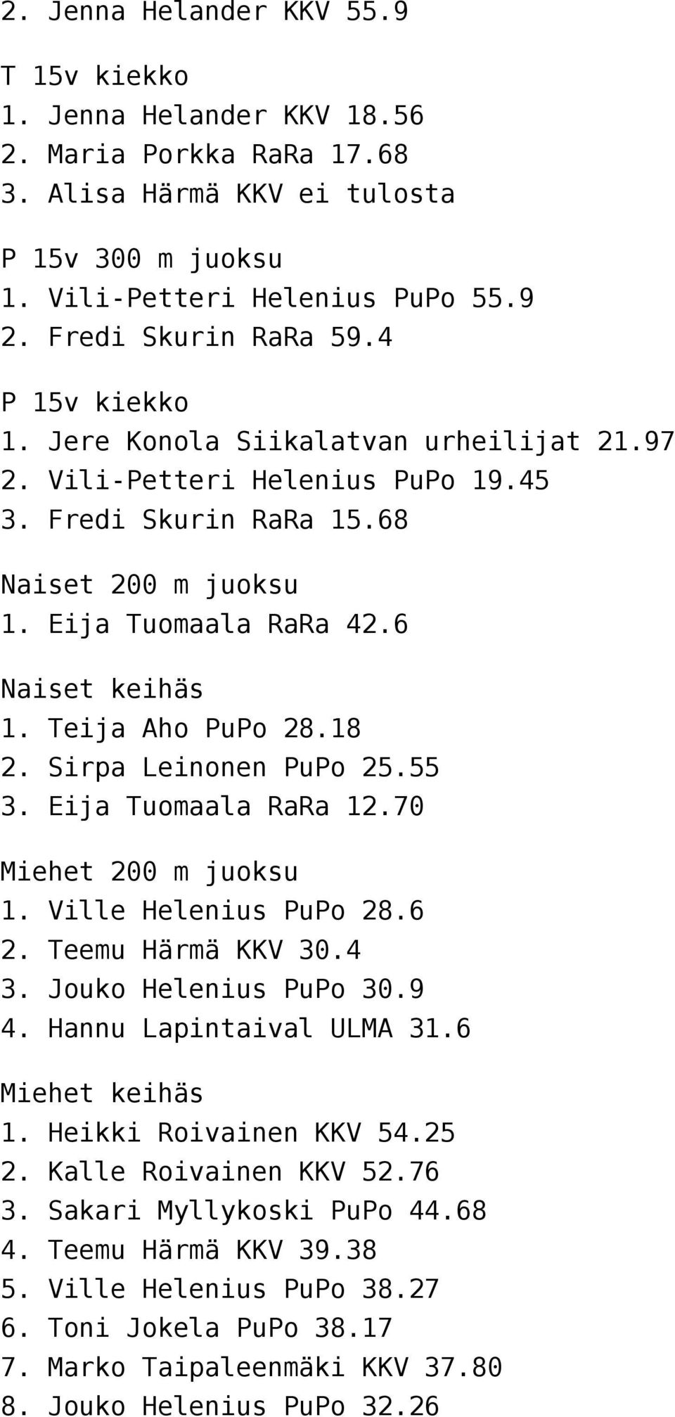 6 Naiset keihäs 1. Teija Aho PuPo 28.18 2. Sirpa Leinonen PuPo 25.55 3. Eija Tuomaala RaRa 12.70 Miehet 200 m juoksu 1. Ville Helenius PuPo 28.6 2. Teemu Härmä KKV 30.4 3. Jouko Helenius PuPo 30.9 4.