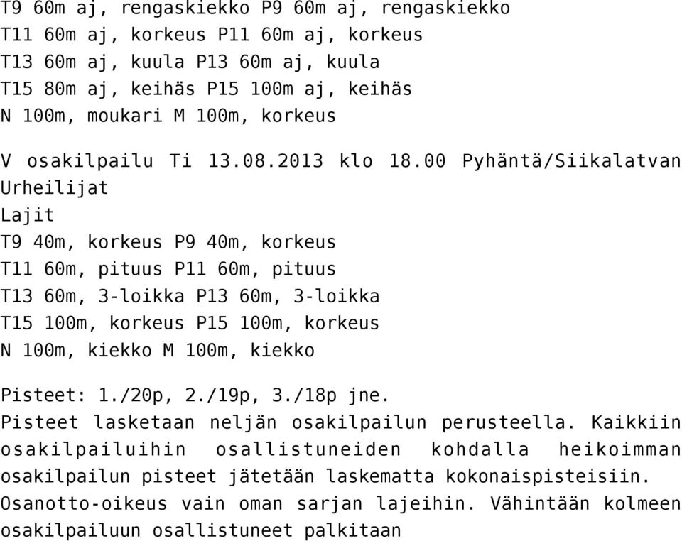 00 Pyhäntä/Siikalatvan Urheilijat Lajit T9 40m, korkeus P9 40m, korkeus T11 60m, pituus P11 60m, pituus T13 60m, 3-loikka P13 60m, 3-loikka T15 100m, korkeus P15 100m, korkeus N 100m,