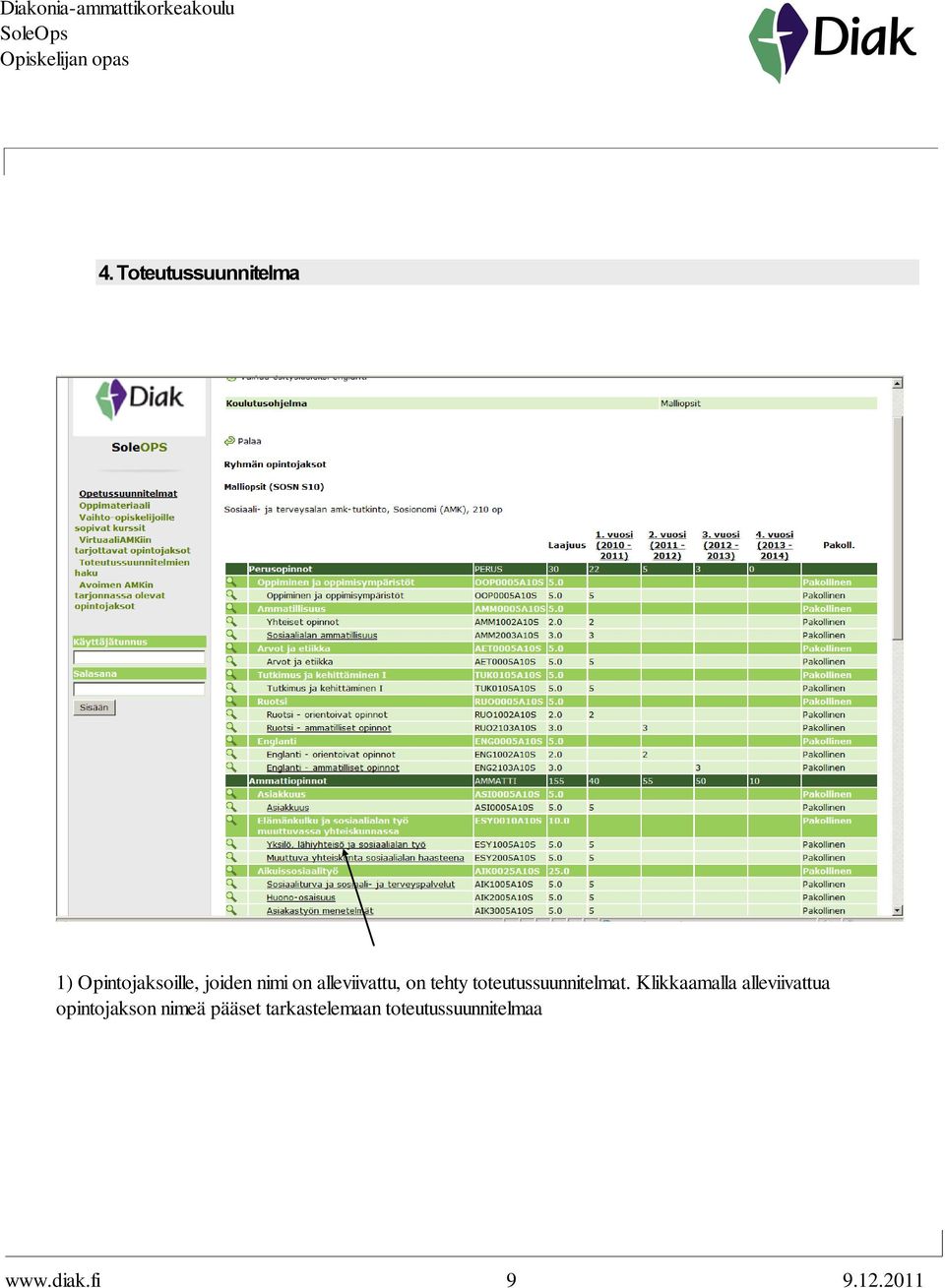 Klikkaamalla alleviivattua opintojakson nimeä