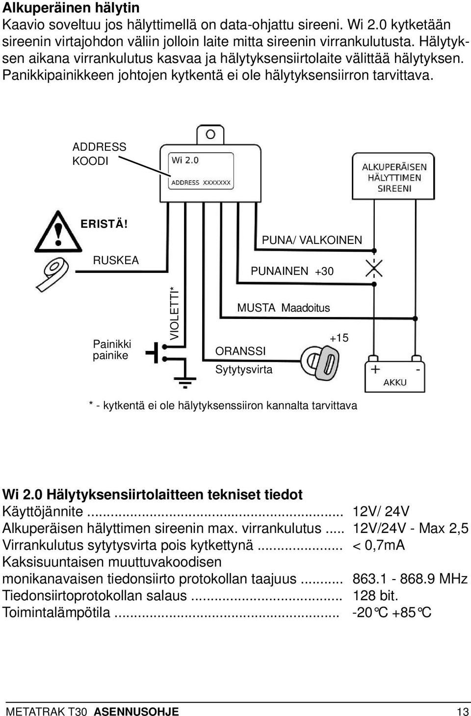 RUSKEA Painikki painike VIOLETTI* PUNA/ VALKOINEN PUNAINEN +30 MUSTA Maadoitus +15 ORANSSI Sytytysvirta * - kytkentä ei ole hälytyksenssiiron kannalta tarvittava Wi 2.