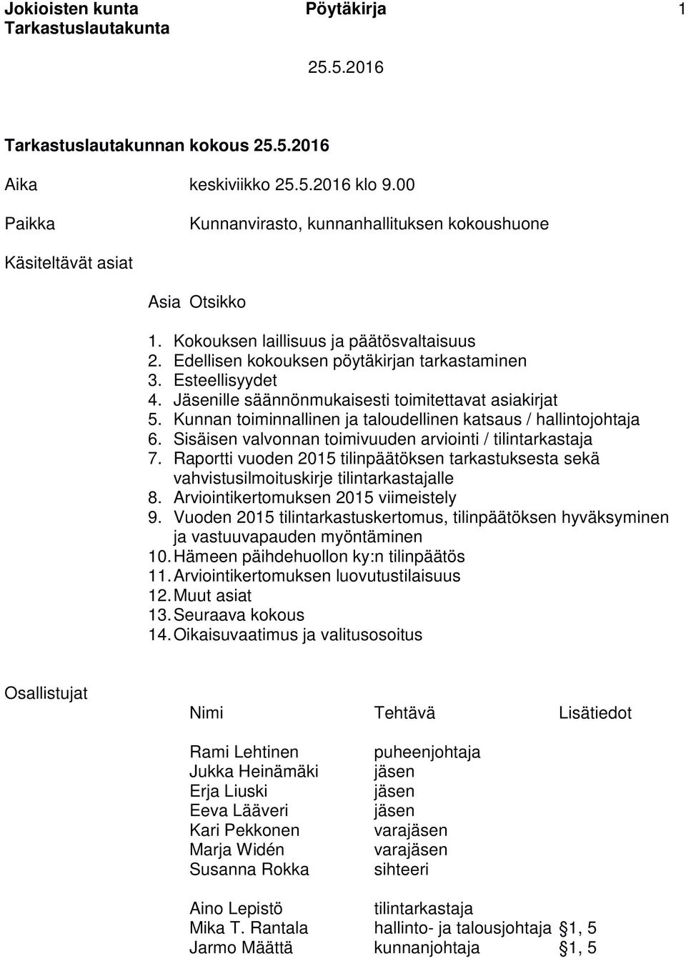 Kunnan toiminnallinen ja taloudellinen katsaus / hallintojohtaja 6. Sisäisen valvonnan toimivuuden arviointi / tilintarkastaja 7.