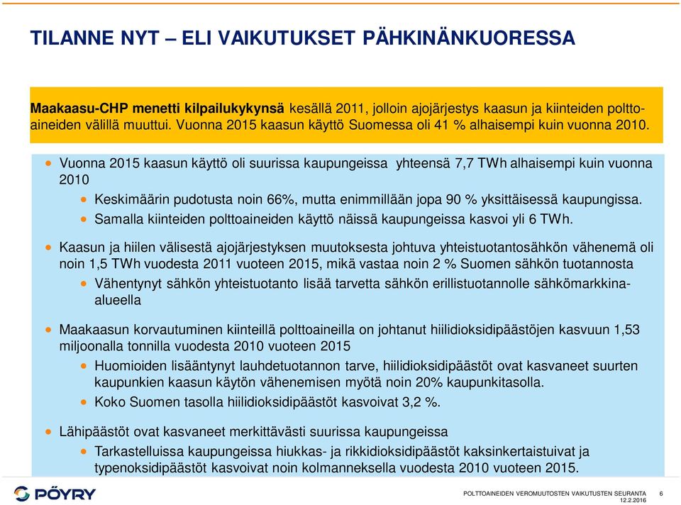 Vuonna 2015 kaasun käyttö oli suurissa kaupungeissa yhteensä 7,7 TWh alhaisempi kuin vuonna 2010 Keskimäärin pudotusta noin 66%, mutta enimmillään jopa 90 % yksittäisessä kaupungissa.