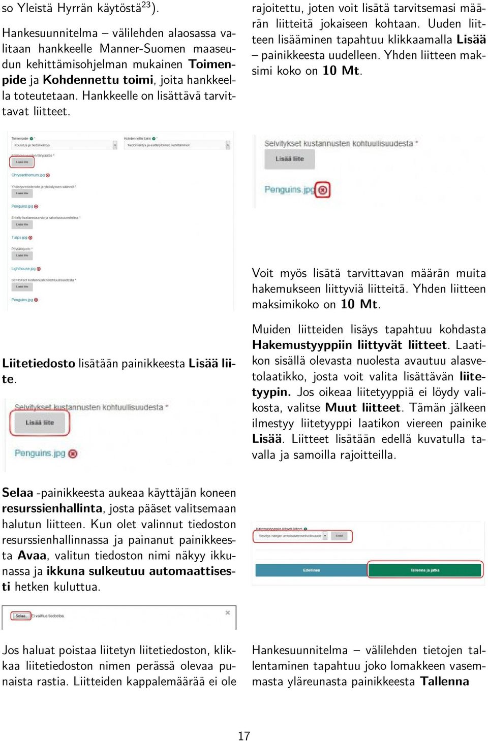 Hankkeelle on lisättävä tarvittavat liitteet. rajoitettu, joten voit lisätä tarvitsemasi määrän liitteitä jokaiseen kohtaan.