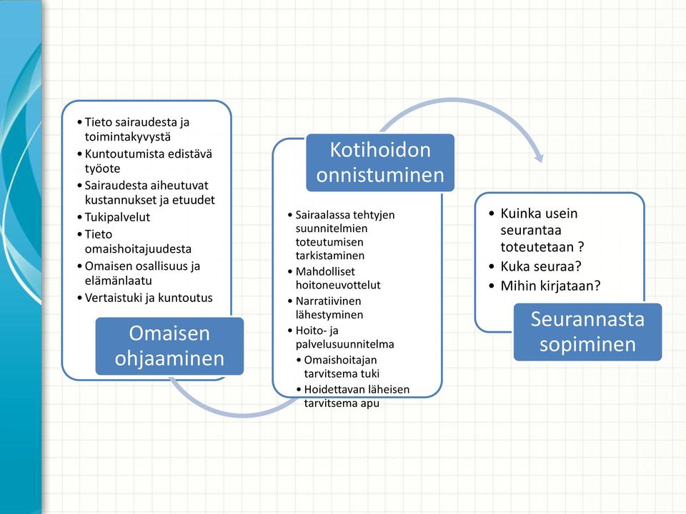 tehtyjen suunnitelmien toteutumisen tarkistaminen Mahdolliset hoitoneuvottelut Narratiivinen lähestyminen Hoito- ja palvelusuunnitelma