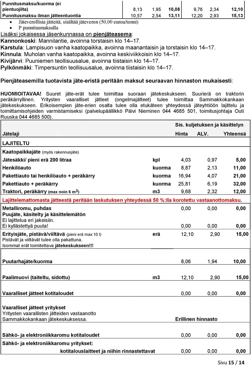 Karstula: Lampisuon vanha kaatopaikka, avoinna maanantaisin ja torstaisin klo 14 17. Kinnula: Muholan vanha kaatopaikka, avoinna keskiviikkoisin klo 14 17.