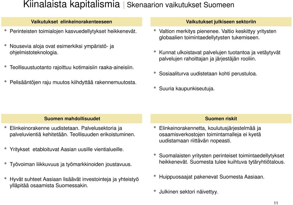 Vaikutukset julkiseen sektoriin Valtion merkitys pienenee. Valtio keskittyy yritysten globaalien toimintaedellytysten tukemiseen.