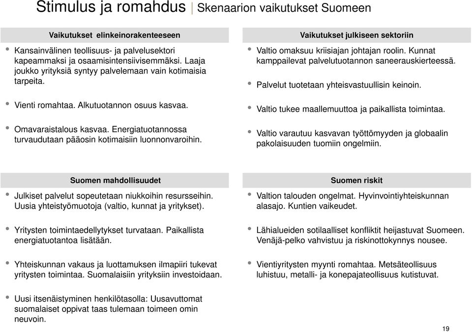 Energiatuotannossa turvaudutaan pääosin kotimaisiin luonnonvaroihin. Vaikutukset julkiseen sektoriin Valtio omaksuu kriisiajan johtajan roolin.