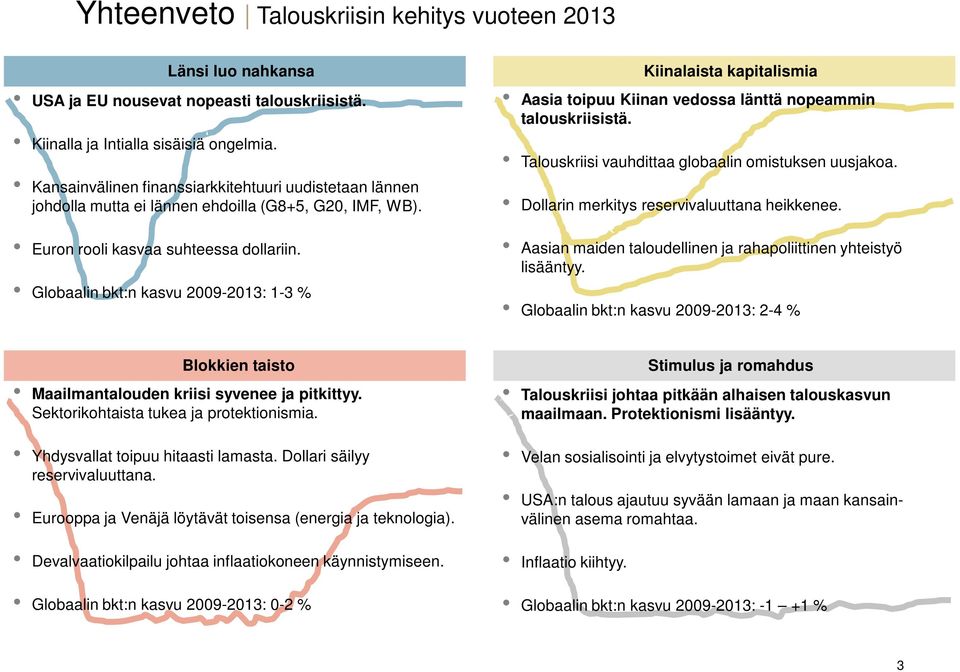 Globaalin bkt:n kasvu 2009-2013: 1-3 % Kiinalaista kapitalismia Aasia toipuu Kiinan vedossa länttä nopeammin talouskriisistä. Talouskriisi vauhdittaa globaalin omistuksen uusjakoa.