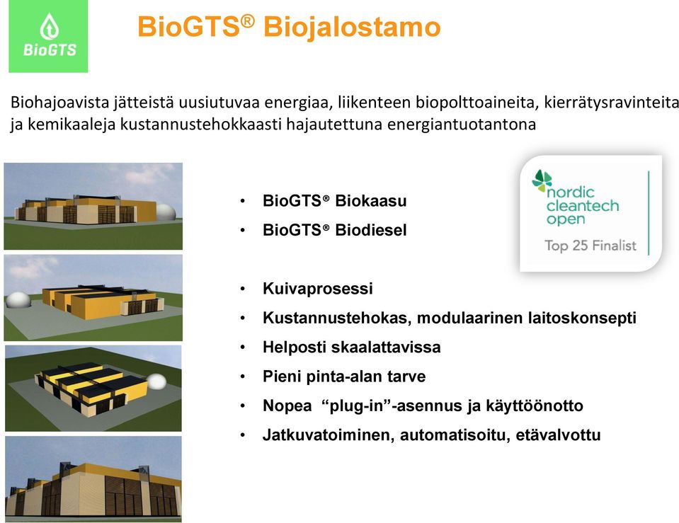 Biokaasu BioGTS Biodiesel Kuivaprosessi Kustannustehokas, modulaarinen laitoskonsepti Helposti