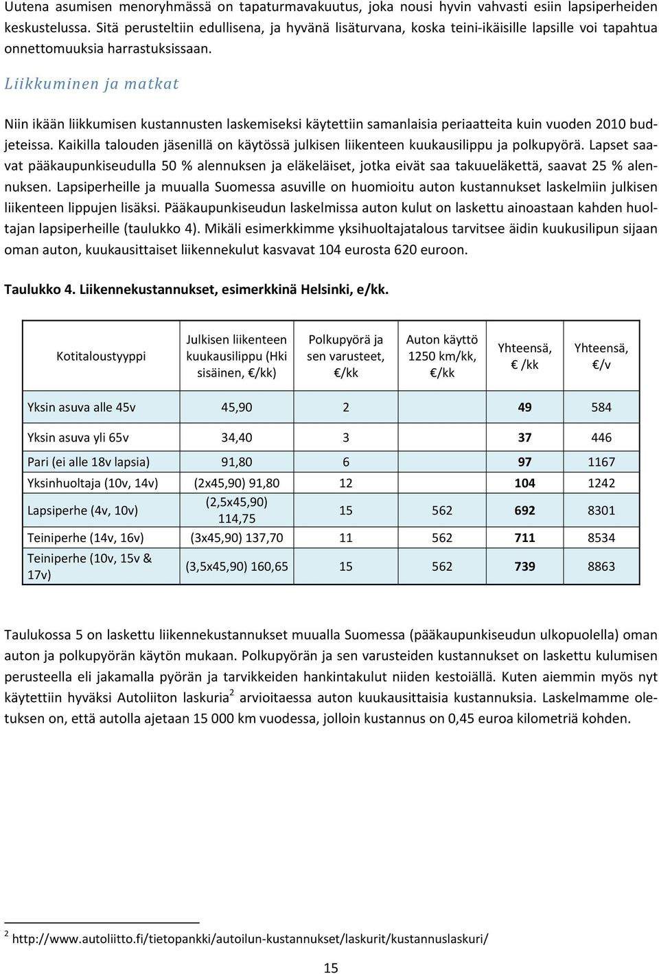 Liikkuminen ja matkat Niin ikään liikkumisen kustannusten laskemiseksi käytettiin samanlaisia periaatteita kuin vuoden 2010 budjeteissa.