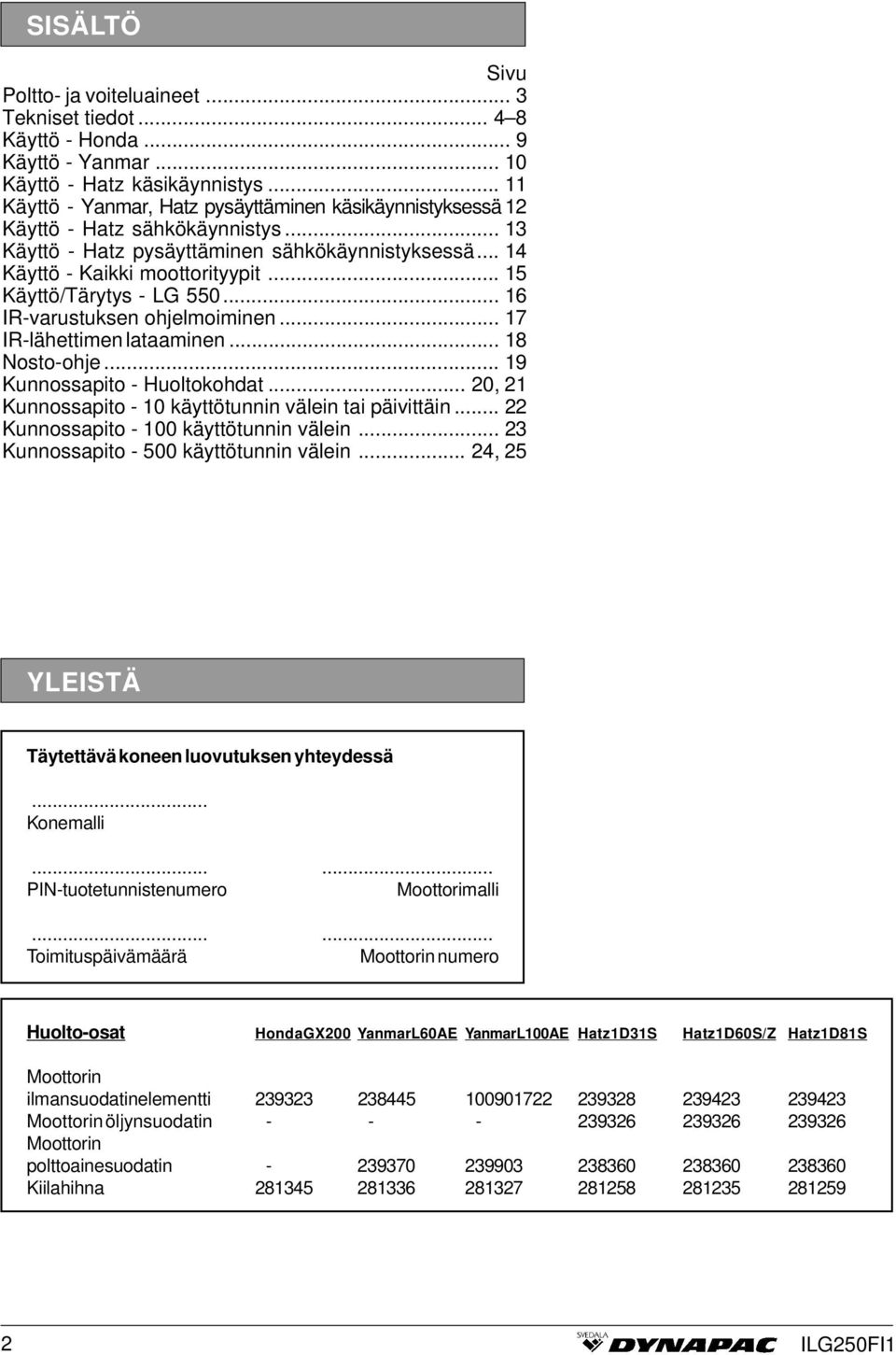 .. 15 Käyttö/Tärytys - LG 550... 16 IR-varustuksen ohjelmoiminen... 17 IR-lähettimen lataaminen... 18 Nosto-ohje... 19 Kunnossapito - Huoltokohdat.