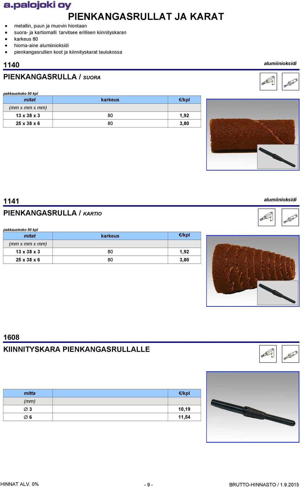 50 kpl karkeus (mm x mm x mm) 13 x 38 x 3 80 1,92 25 x 38 x 6 80 3,80 1141 alumiinioksidi PIENKANGASRULLA / KARTIO pakkauskoko 50 kpl