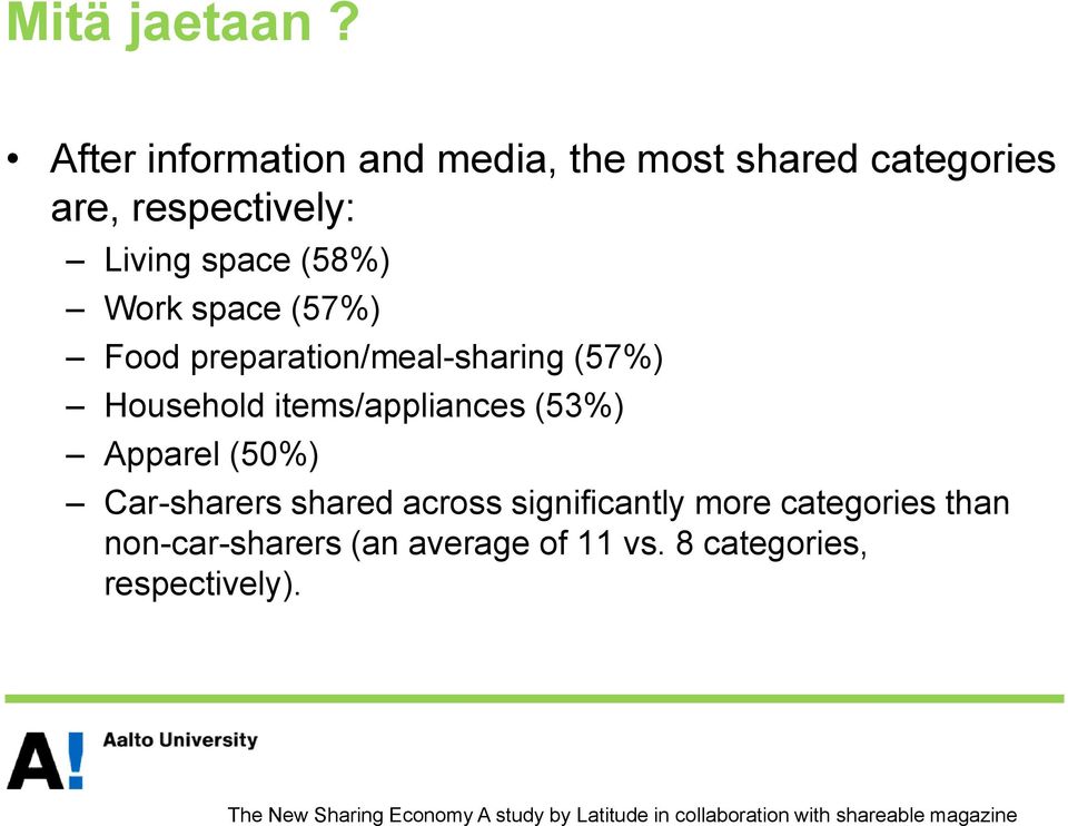 (57%) Food preparation/meal-sharing (57%) Household items/appliances (53%) Apparel (50%) Car-sharers