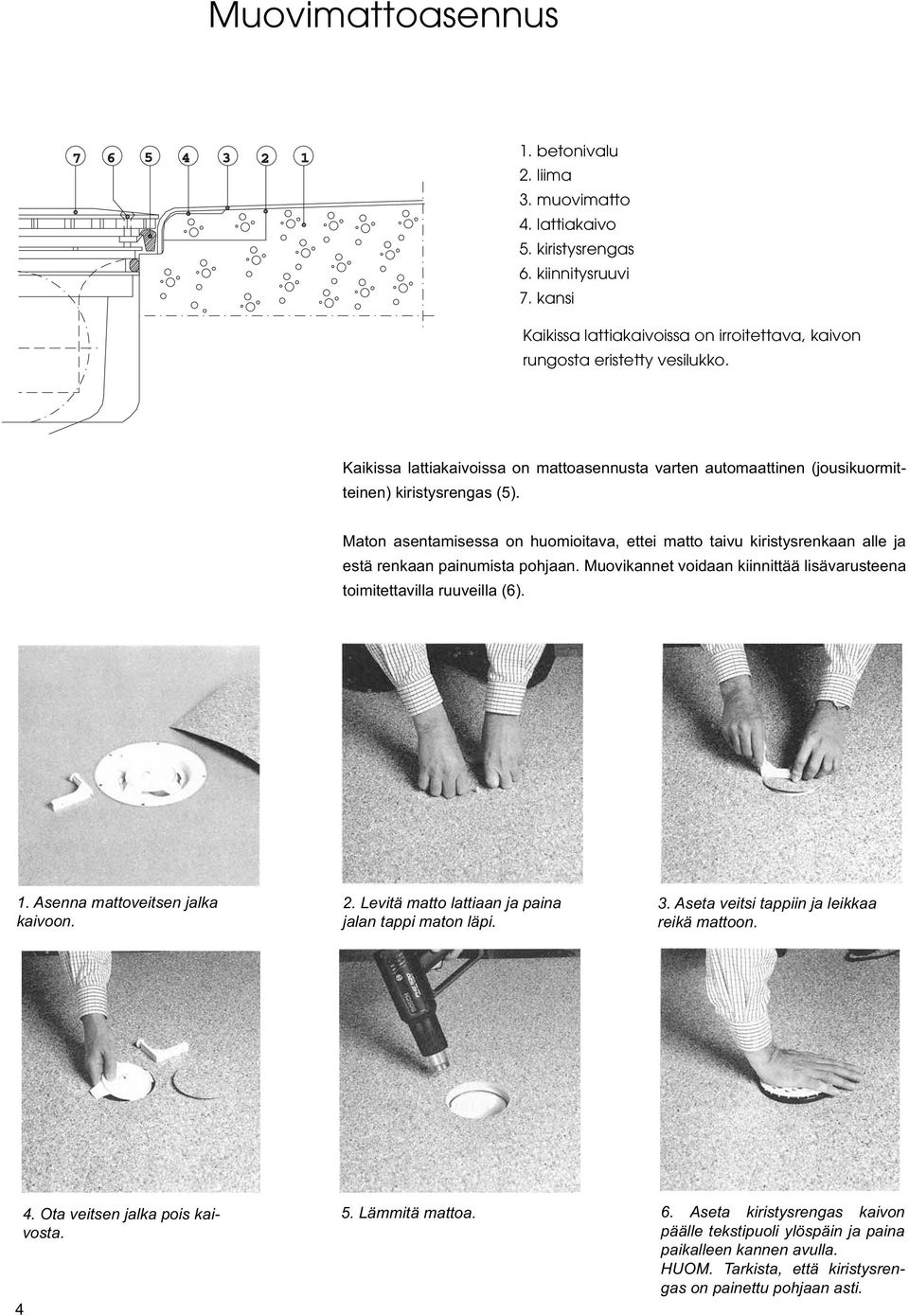 Maton asentamisessa on huomioitava, ettei matto taivu kiristysrenkaan alle ja estä renkaan painumista pohja an. Muovikannet voidaan kiinnittää lisävarusteena toimitettavilla ruuveilla (6). 1.