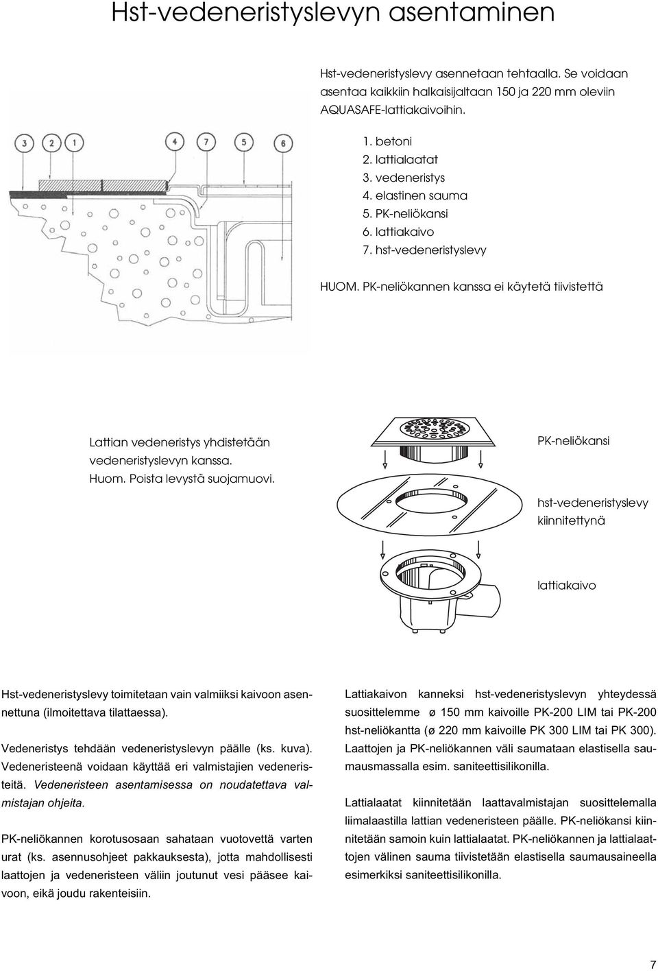 Huom. Poista levystä suojamuovi. PK-neliökansi hst-vedeneristyslevy kiinnitettynä lattiakaivo Hst-vedeneristyslevy toimitetaan vain valmiiksi kaivoon asennettuna (ilmoitettava tilattaessa).