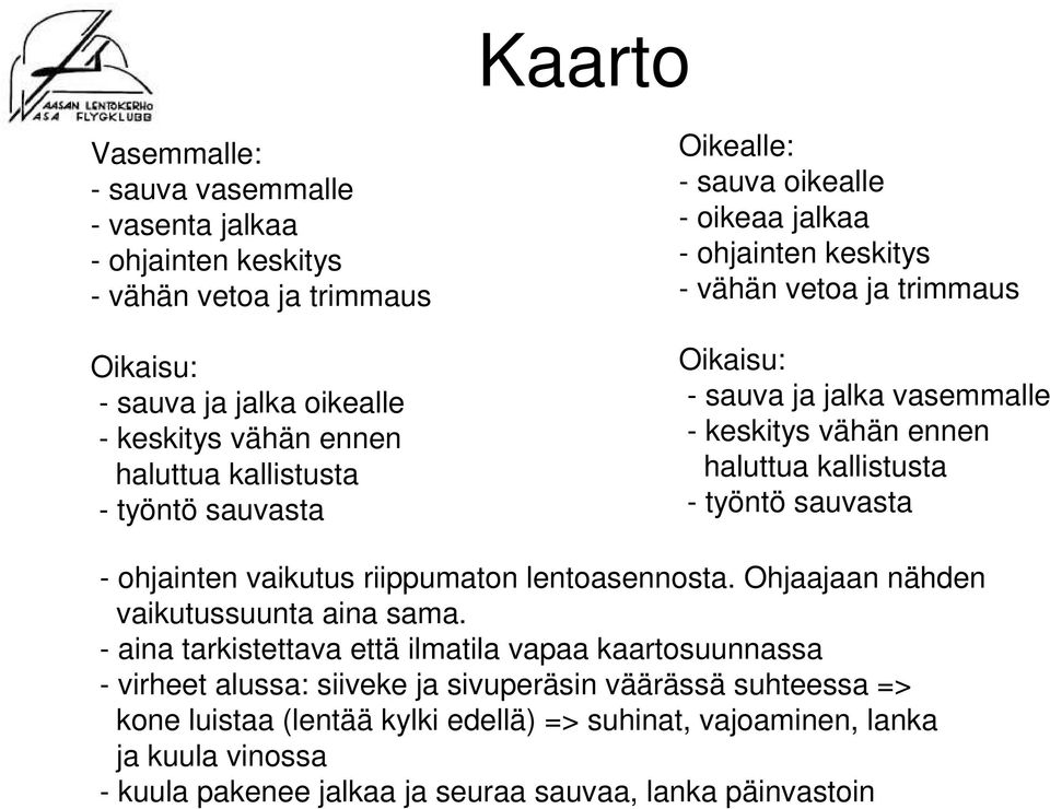 kallistusta - työntö sauvasta - ohjainten vaikutus riippumaton lentoasennosta. Ohjaajaan nähden vaikutussuunta aina sama.