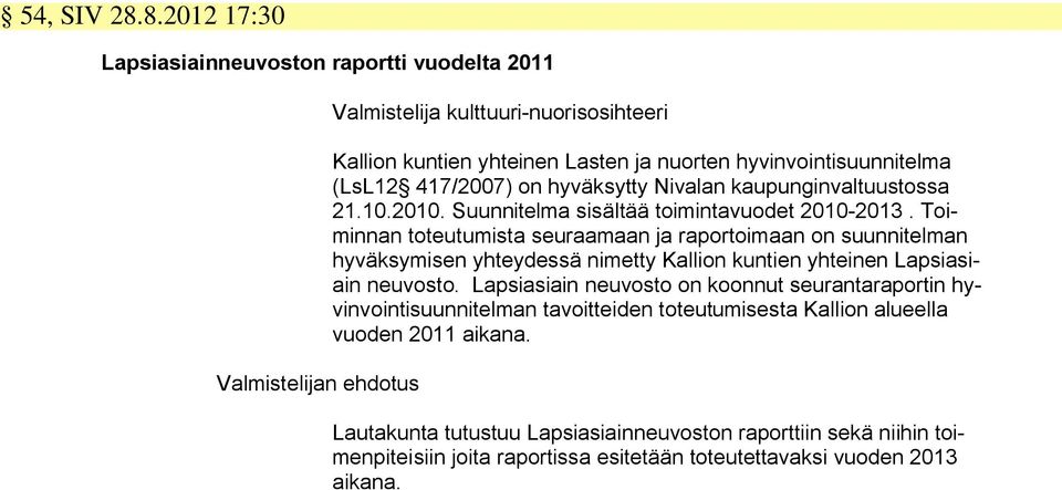 (LsL12 417/2007) on hyväksytty Nivalan kaupunginvaltuustossa 21.10.2010. Suunnitelma sisältää toimintavuodet 2010-2013.