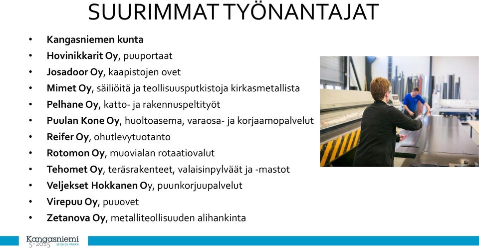 ja korjaamopalvelut Reifer Oy, ohutlevytuotanto Rotomon Oy, muovialan rotaatiovalut Tehomet Oy, teräsrakenteet,