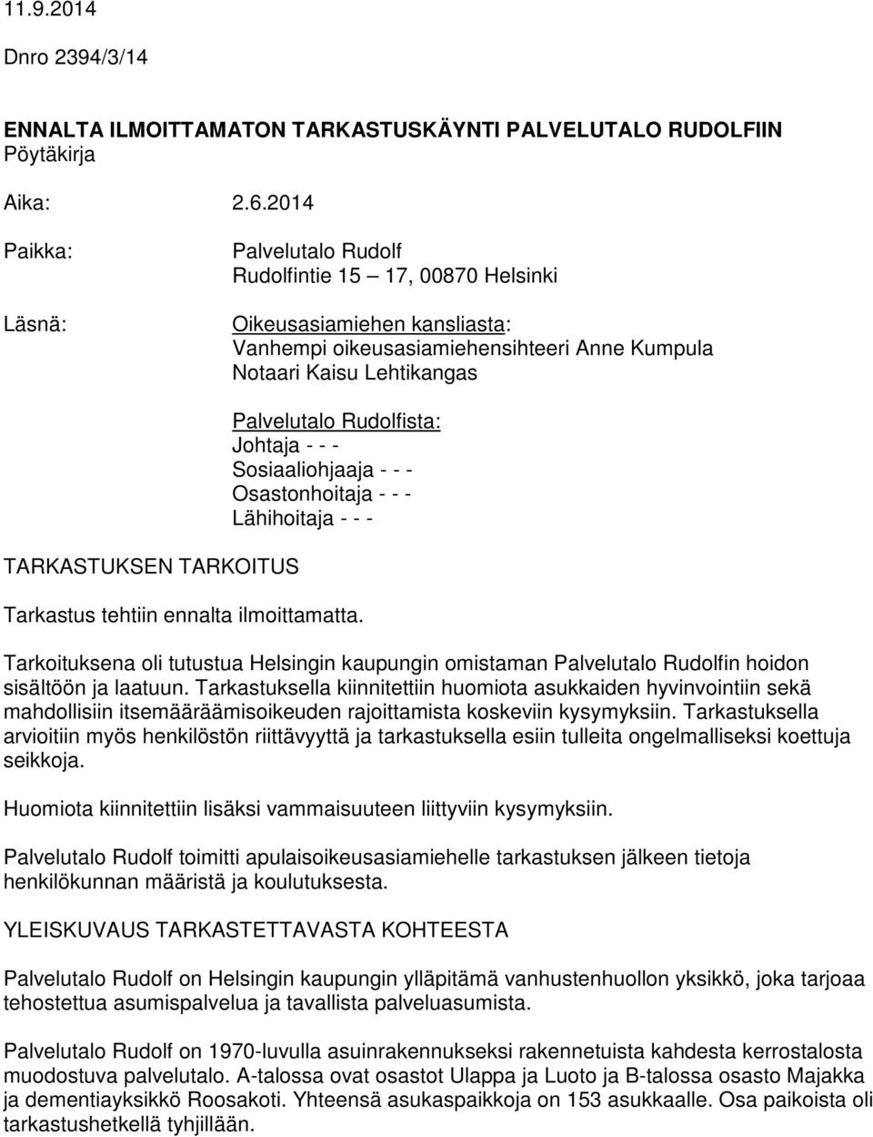Palvelutalo Rudolfista: Johtaja - - - Sosiaaliohjaaja - - - Osastonhoitaja - - - Lähihoitaja - - - Tarkastus tehtiin ennalta ilmoittamatta.