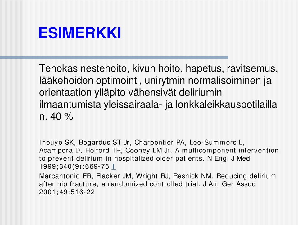 40 % Inouye SK, Bogardus ST Jr, Charpentier PA, Leo-Summers L, Acampora D, Holford TR, Cooney LM Jr.