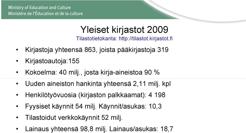 fi Kirjastoja yhteensä 863, joista pääkirjastoja 319 Kirjastoautoja:155 Kokoelma: 40 milj.