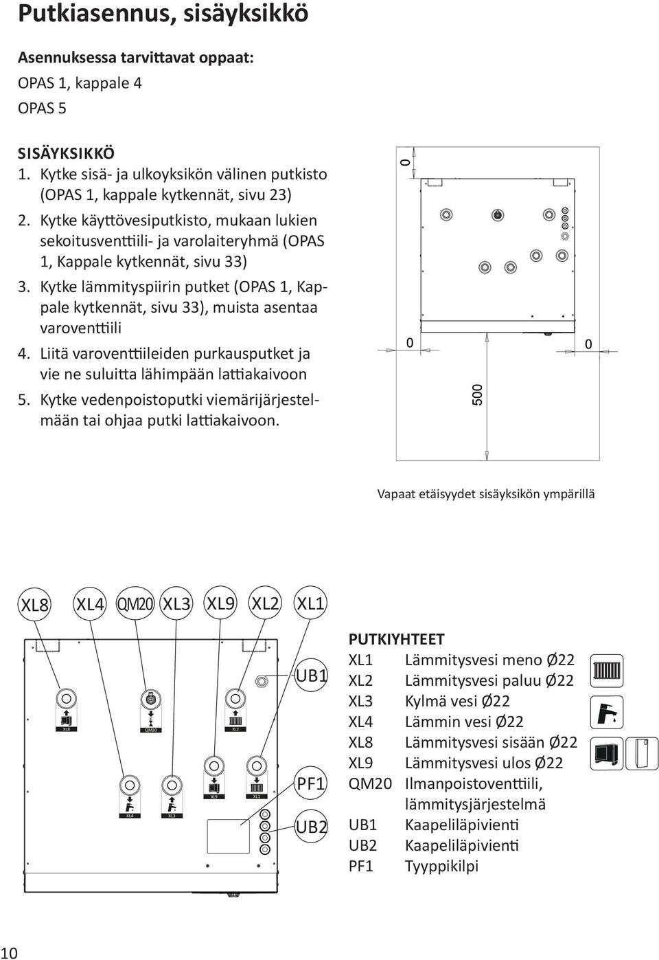 Kytke lämmityspiirin putket (OPAS 1, Kappale kytkennät, sivu 33), muista asentaa varoventtiili 4. Liitä varoventtiileiden purkausputket ja vie ne suluitta lähimpään lattiakaivoon 5.