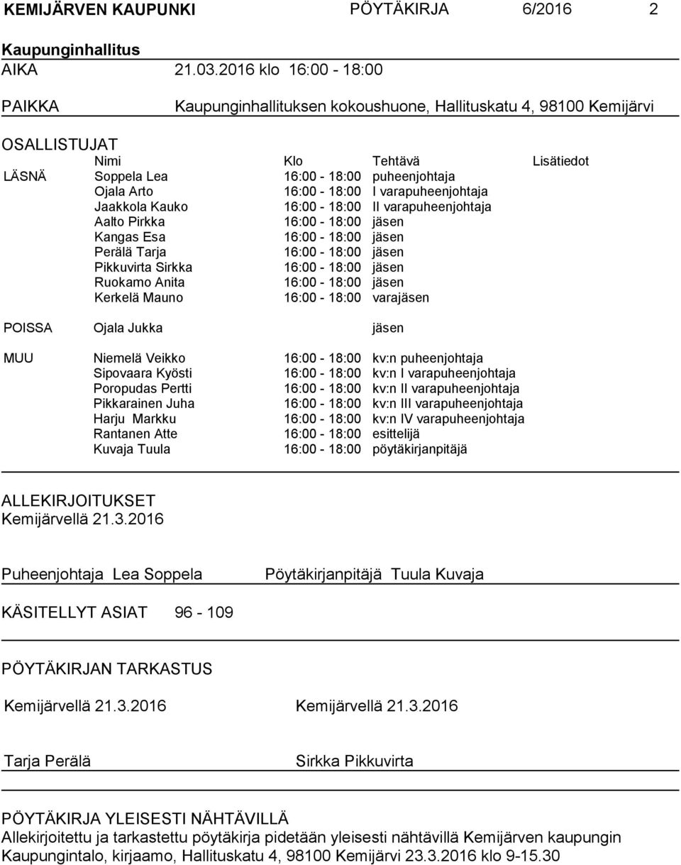 16:00-18:00 I varapuheenjohtaja Jaakkola Kauko 16:00-18:00 II varapuheenjohtaja Aalto Pirkka 16:00-18:00 jäsen Kangas Esa 16:00-18:00 jäsen Perälä Tarja 16:00-18:00 jäsen Pikkuvirta Sirkka