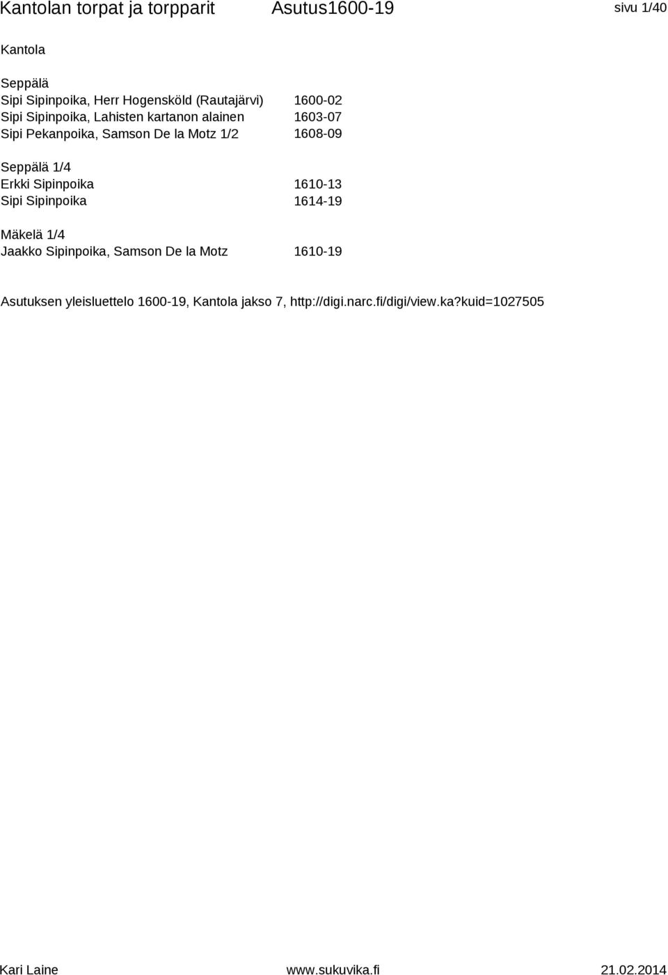 Sipinpoika Sipi Sipinpoika Mäkelä 1/4 Jaakko Sipinpoika, Samson De la Motz 1600-02 1603-07 1608-09 1610-13