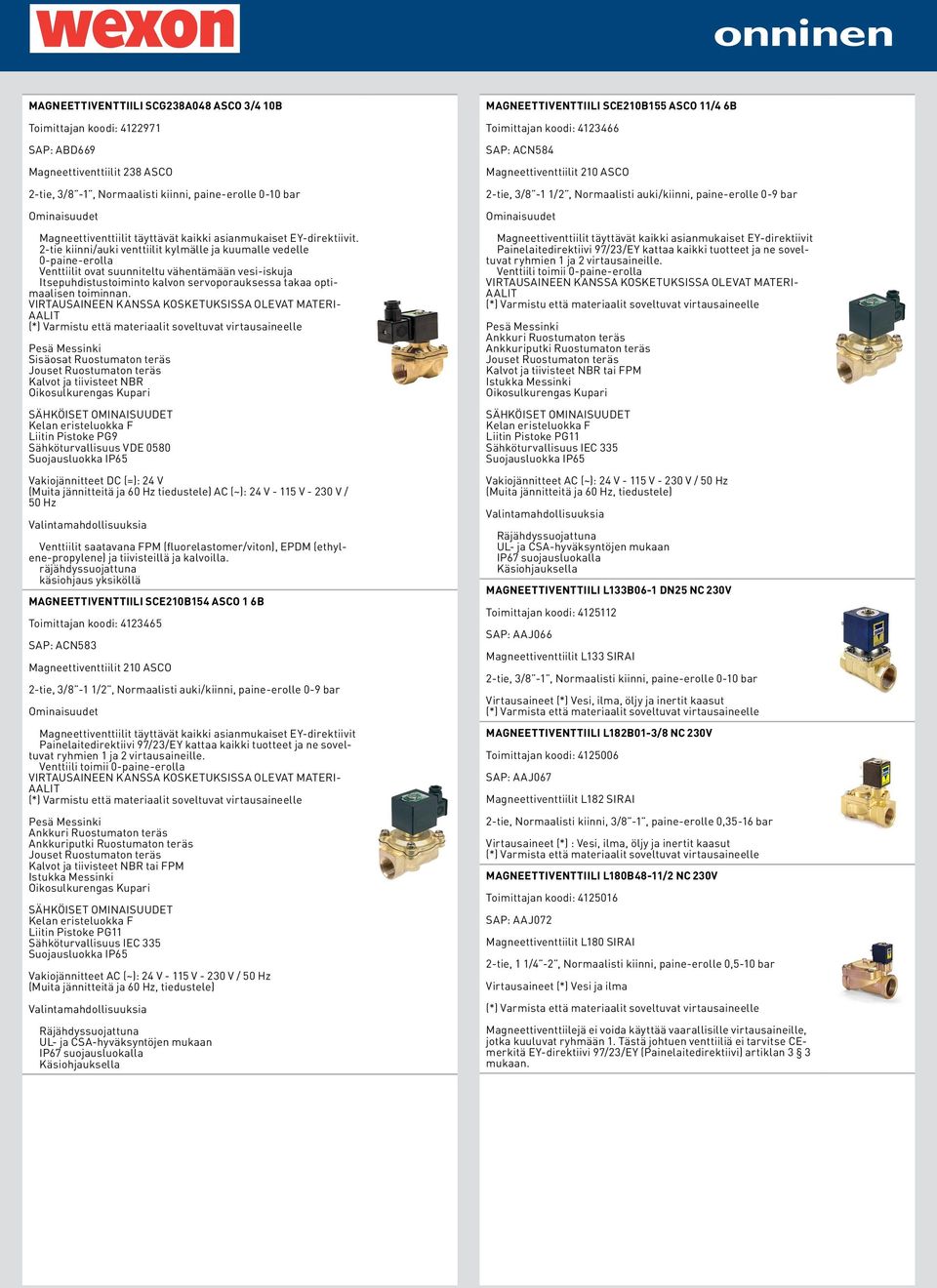 Sisäosat Ruostumaton teräs Kalvot ja tiivisteet NBR Liitin Pistoke PG9 Sähköturvallisuus VDE 0580 Vakiojännitteet DC (=): 24 V (Muita jännitteitä ja 60 Hz tiedustele) AC (~): 24 V - 115 V - 230 V /