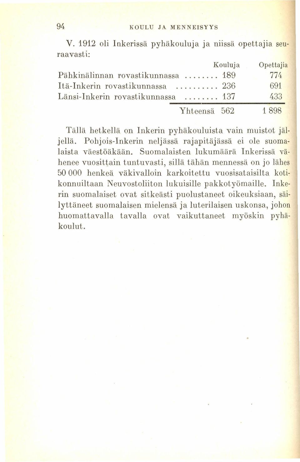 Opettajia 774 691 433 1898 Tällä hetkellä on Inkerin pyhäkouluista vain muistot jäljellä. Pohjois-Inkerin neljässä rajapitäjässä ei ole suomalaista väestöäkään.