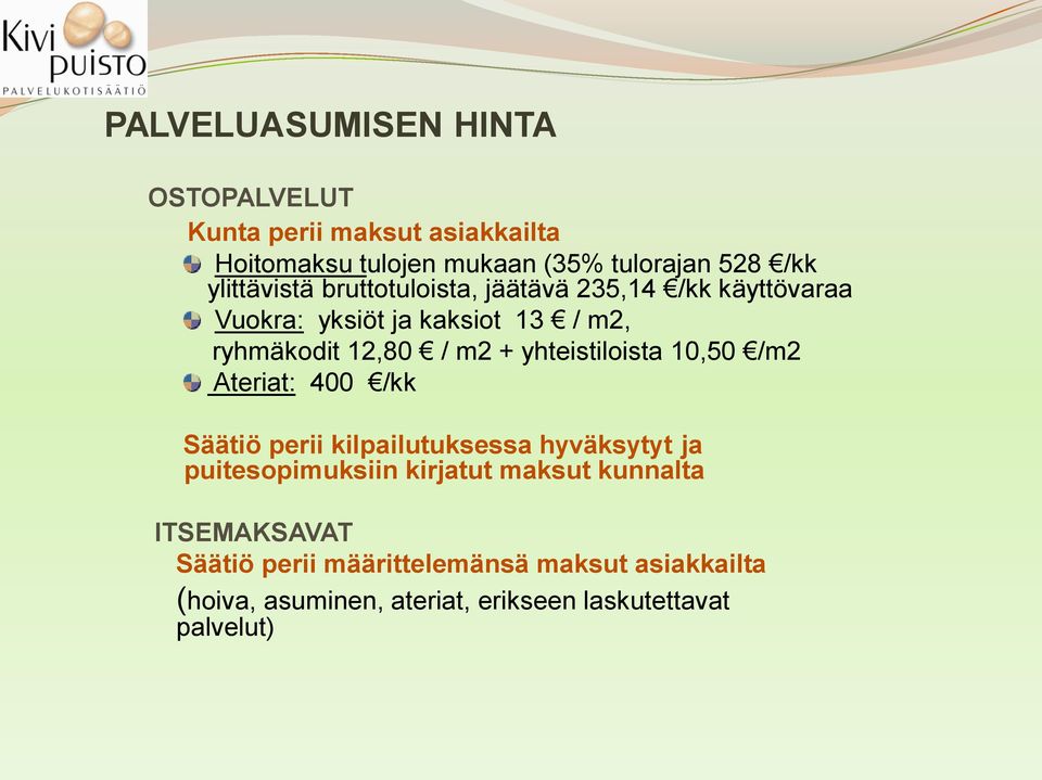 yhteistiloista 10,50 /m2 Ateriat: 400 /kk Säätiö perii kilpailutuksessa hyväksytyt ja puitesopimuksiin kirjatut maksut