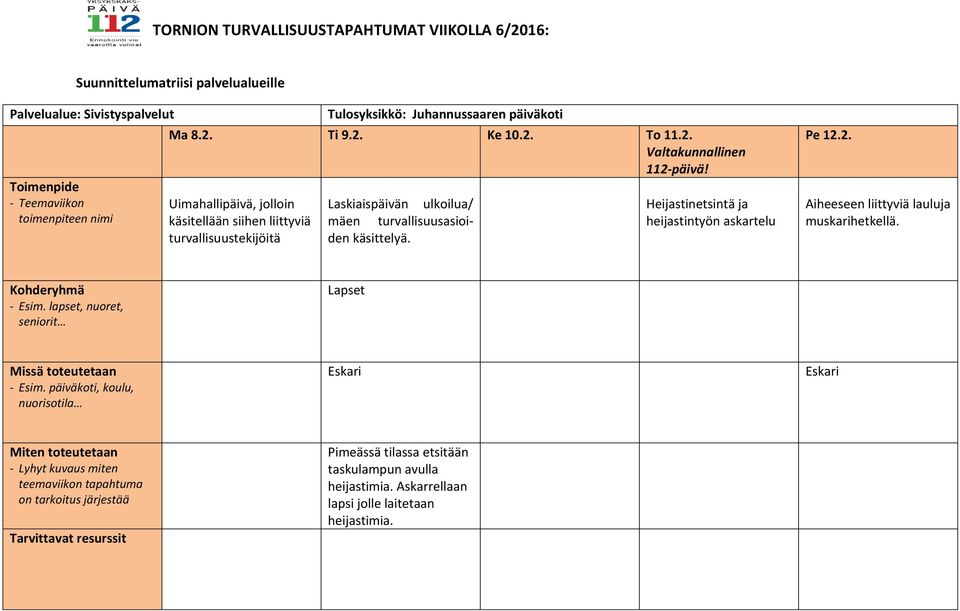 Heijastinetsintä ja heijastintyön askartelu Pe 12.2. Aiheeseen liittyviä lauluja muskarihetkellä. Kohderyhmä Esim. lapset, nuoret, seniorit Lapset Missä toteutetaan Esim.