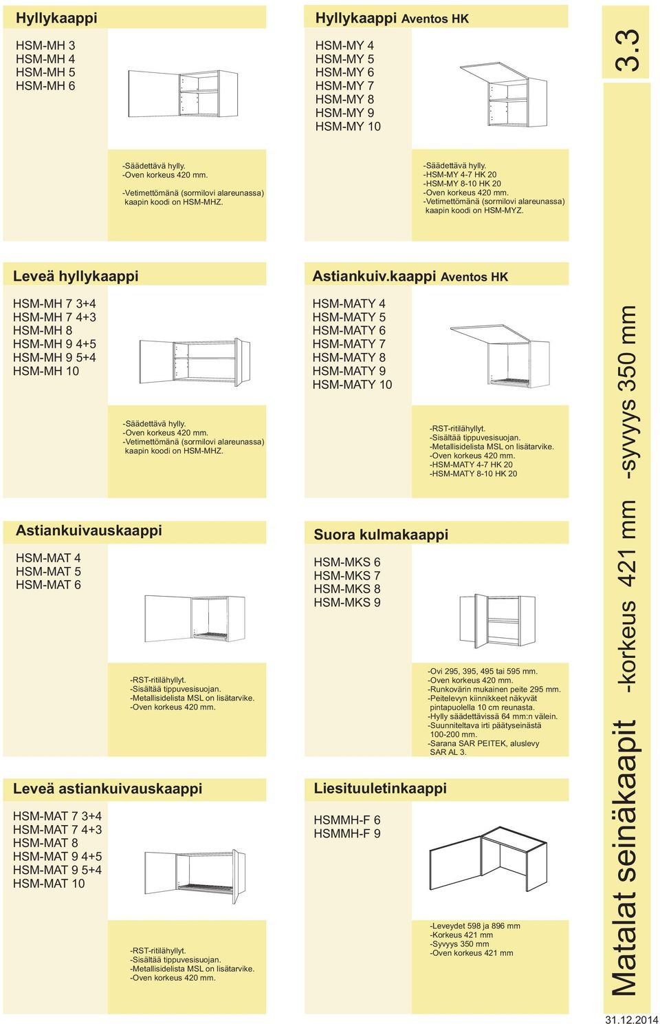 -Säädettävä hylly. -Oven korkeus 420 mm. -Vetimettömänä (sormilovi alareunassa) kaapin koodi on HSM-MHZ.