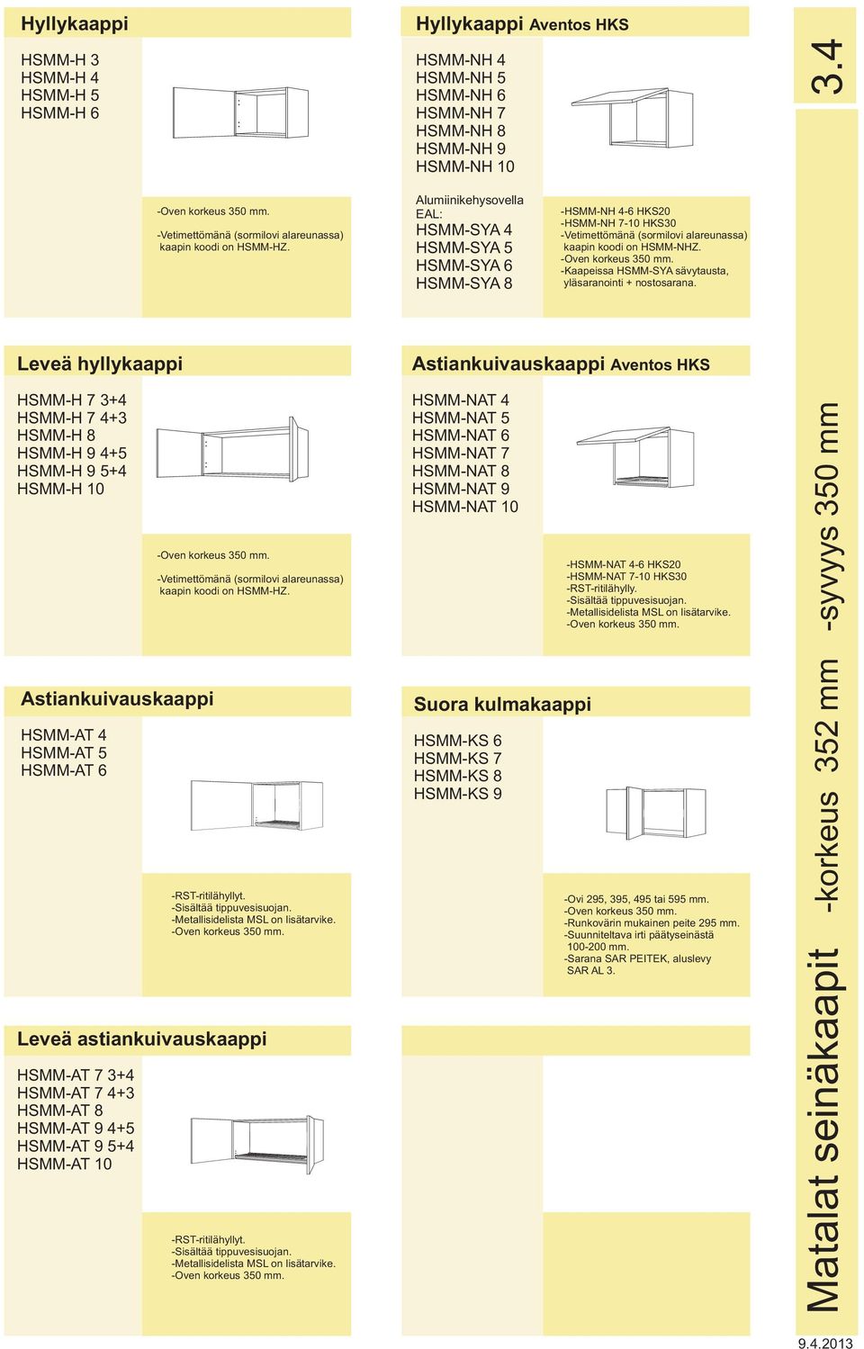 -Oven korkeus 350 mm. -Vetimettömänä (sormilovi alareunassa) kaapin koodi on HSMM-HZ. -RST-ritilähyllyt. -Sisältää tippuvesisuojan. -Metallisidelista MSL on lisätarvike. -Oven korkeus 350 mm.