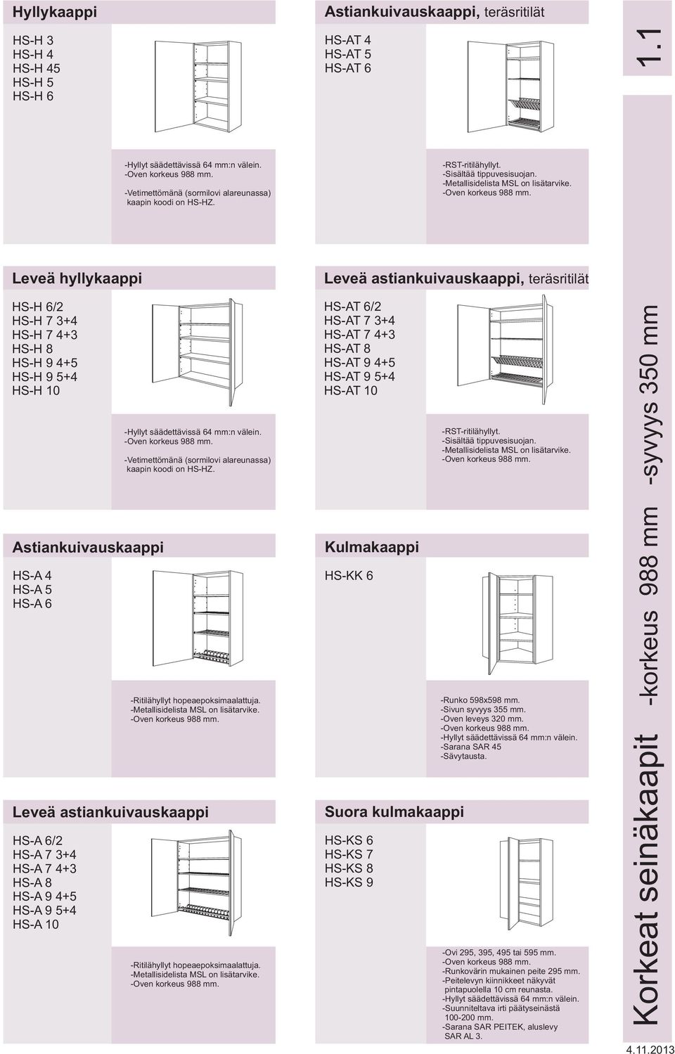 -Metallisidelista MSL on lisätarvike. -Oven korkeus 988 mm. Leveä astiankuivauskaappi HS-A 6/2 HS-A 7 3+4 HS-A 7 4+3 HS-A 8 HS-A 9 4+5 HS-A 9 5+4 HS-A 10 -Ritilähyllyt hopeaepoksimaalattuja.