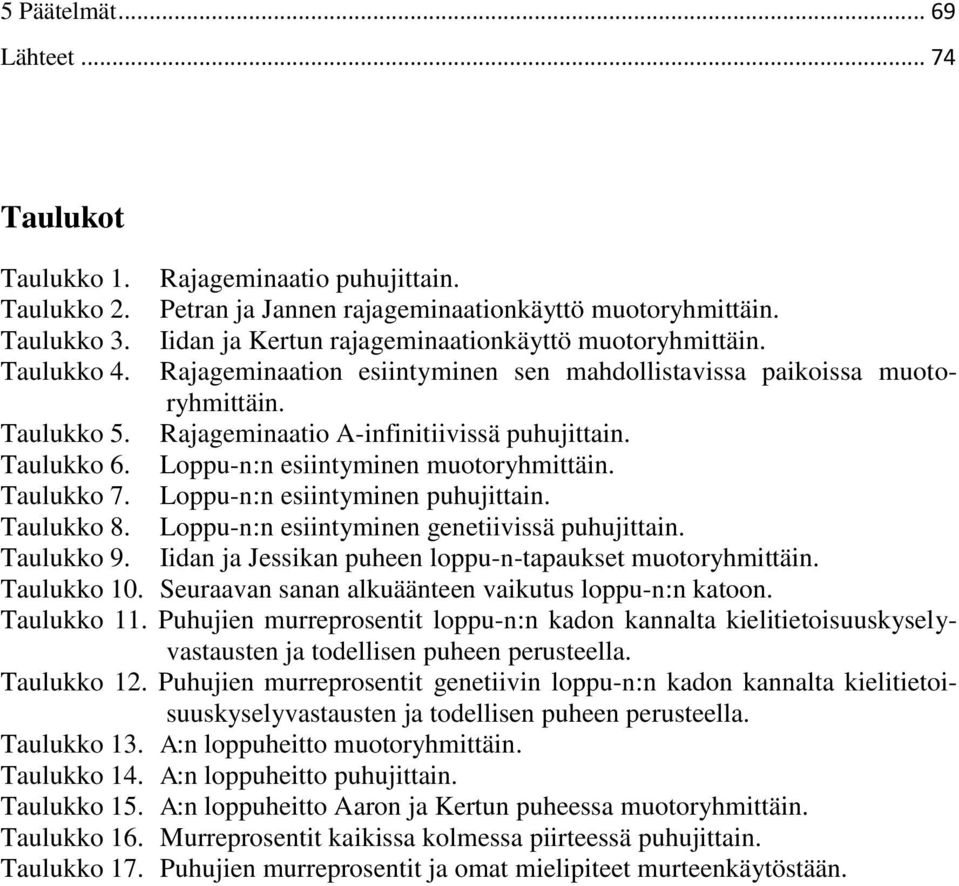 Taulukko 6. Loppu-n:n esiintyminen muotoryhmittäin. Taulukko 7. Loppu-n:n esiintyminen puhujittain. Taulukko 8. Loppu-n:n esiintyminen genetiivissä puhujittain. Taulukko 9.