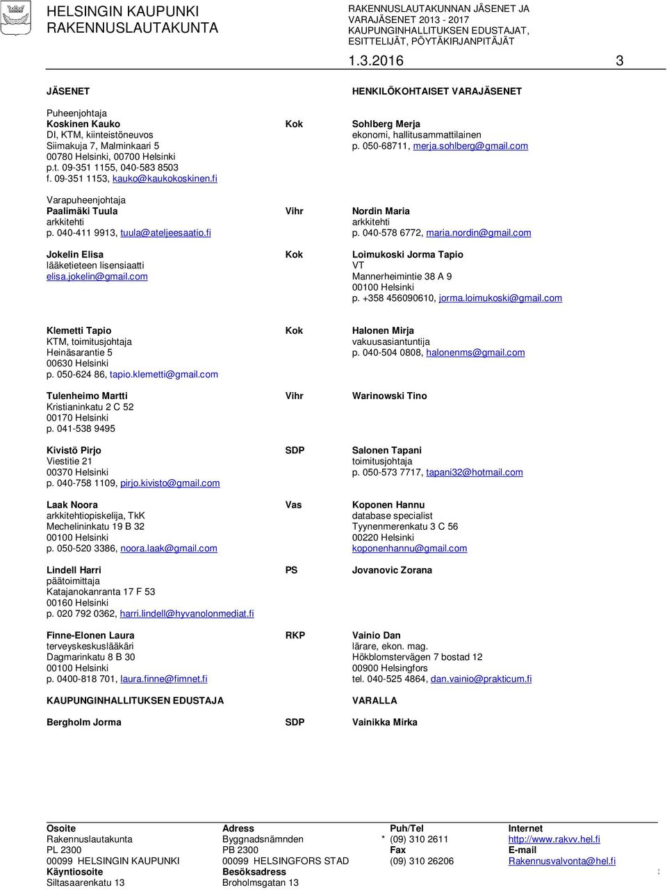 2016 3 HENKILÖKOHTAISET VARAJÄSENET Puheenjohtaja Koskinen Kauko Kok Sohlberg Merja DI, KTM, kiinteistöneuvos ekonomi, hallitusammattilainen Siimakuja 7, Malminkaari 5 p. 050-68711, merja.