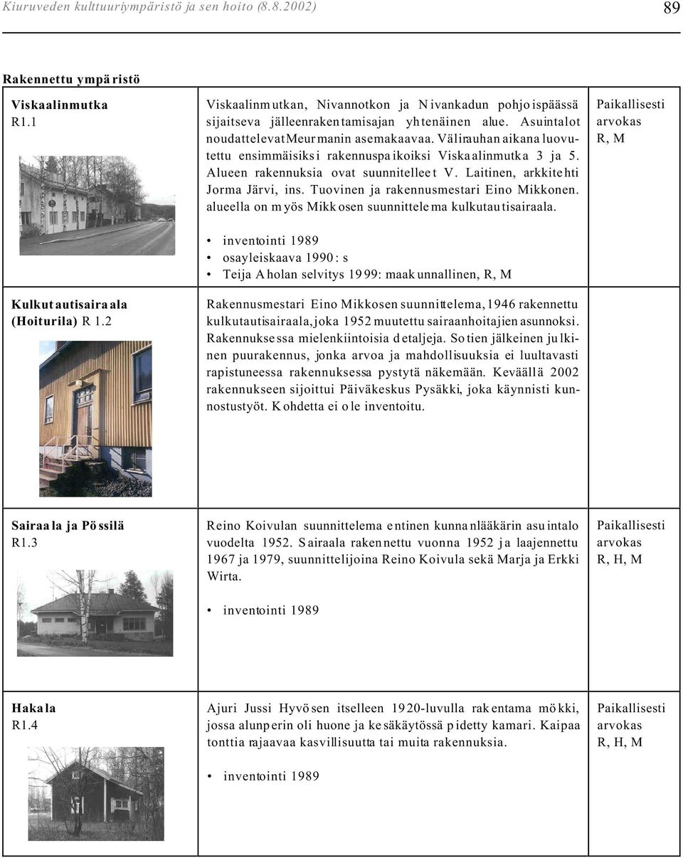 Välirauhan aikana luovutettu ensimmäisiksi rakennuspaikoiksi Viskaalinmutka 3 ja 5. Alueen rakennuksia ovat suunnitelleet V. Laitinen, arkkitehti Jorma Järvi, ins.