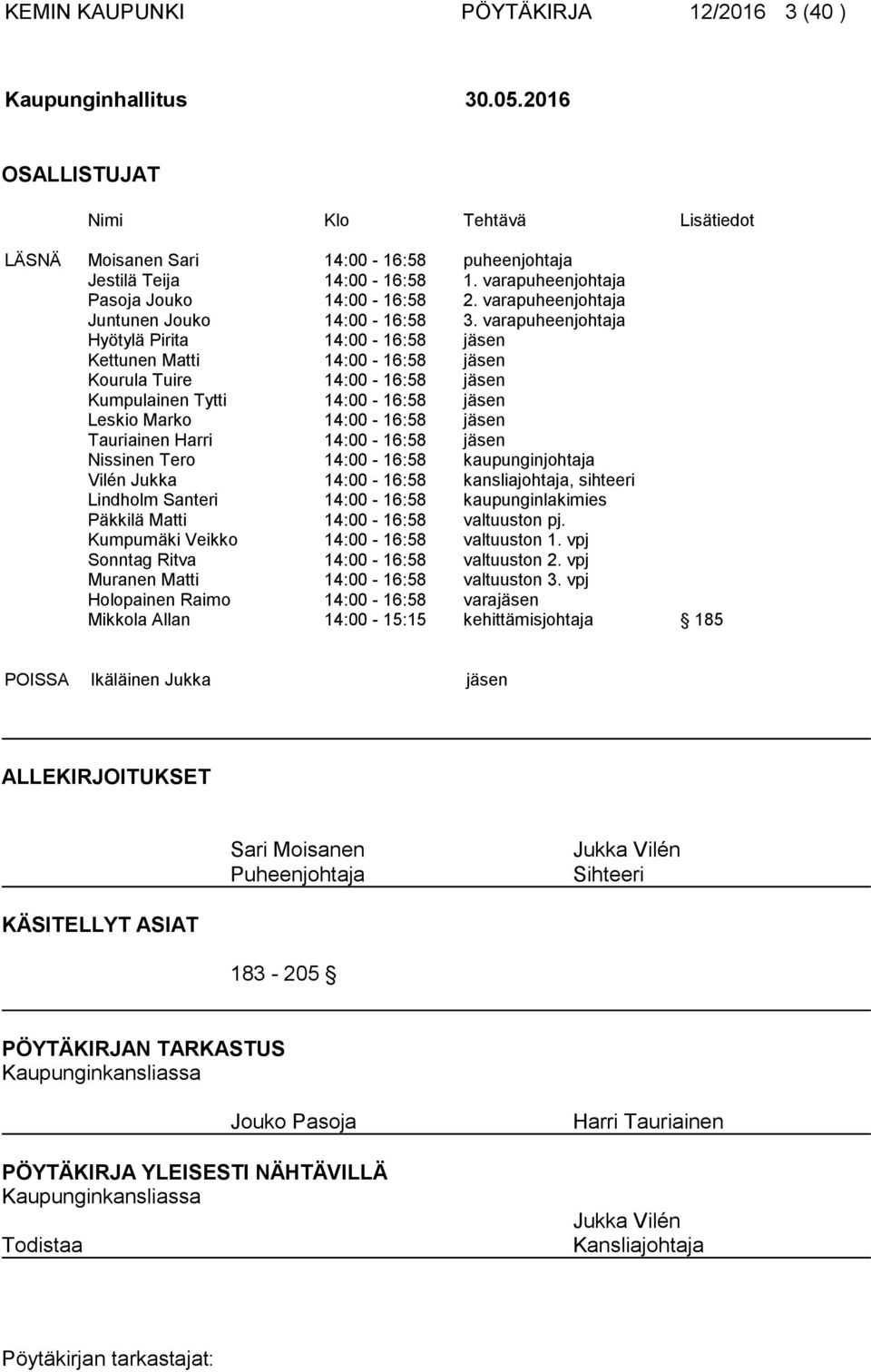 varapuheenjohtaja Hyötylä Pirita 14:00-16:58 jäsen Kettunen Matti 14:00-16:58 jäsen Kourula Tuire 14:00-16:58 jäsen Kumpulainen Tytti 14:00-16:58 jäsen Leskio Marko 14:00-16:58 jäsen Tauriainen Harri