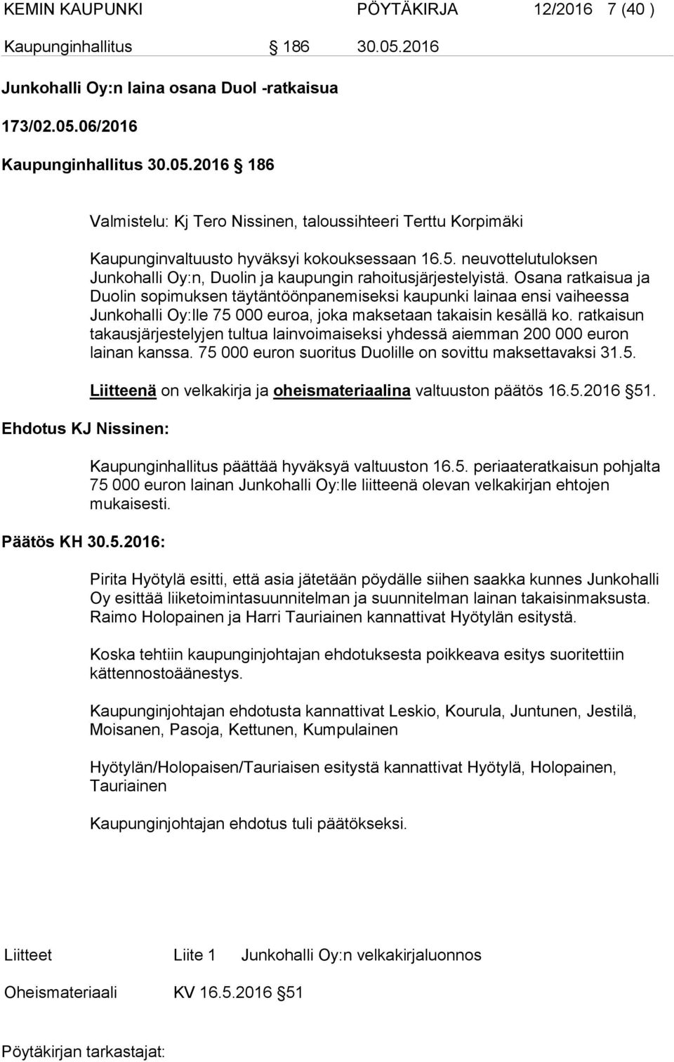 Osana ratkaisua ja Duolin sopimuksen täytäntöönpanemiseksi kaupunki lainaa ensi vaiheessa Junkohalli Oy:lle 75 000 euroa, joka maksetaan takaisin kesällä ko.