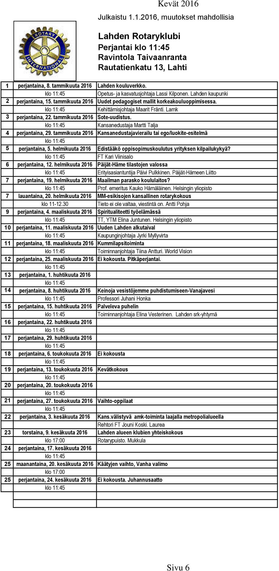 Kansanedustaja Martti Talja 4 perjantaina, 29. tammikuuta 2016 Kansanedustajavierailu tai ego/luokite-esitelmä 5 perjantaina, 5. helmikuuta 2016 Edistääkö oppisopimuskoulutus yrityksen kilpailukykyä?