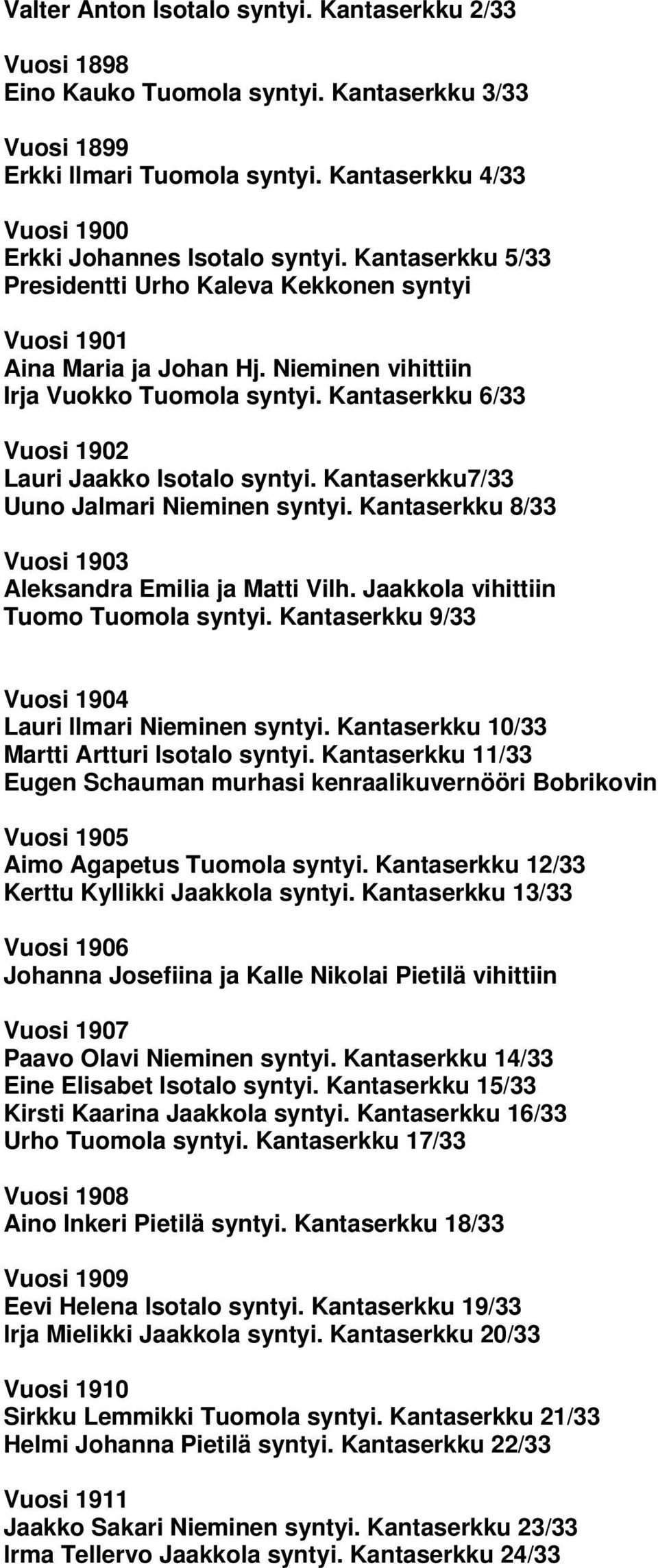 Kantaserkku7/33 Uuno Jalmari Nieminen syntyi. Kantaserkku 8/33 Vuosi 1903 Aleksandra Emilia ja Matti Vilh. Jaakkola vihittiin Tuomo Tuomola syntyi.