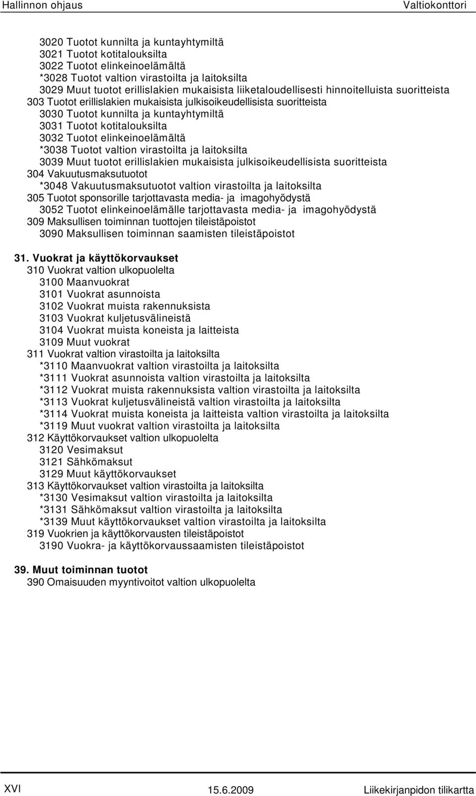 kotitalouksilta 3032 Tuotot elinkeinoelämältä *3038 Tuotot valtion virastoilta ja laitoksilta 3039 Muut tuotot erillislakien mukaisista julkisoikeudellisista suoritteista 304 Vakuutusmaksutuotot